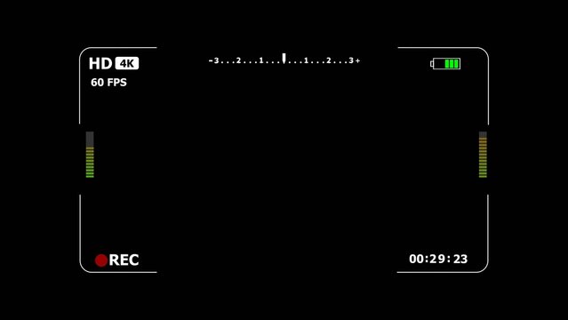 Camera viewfinder screen with rec indicator and battery level recording