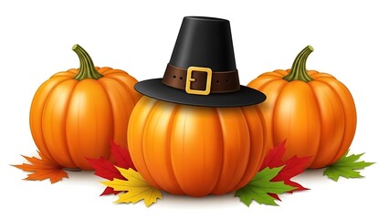 Thanksgiving Pumpkin Trio with Pilgrim Hat and Autumn Leaves for Holiday Season