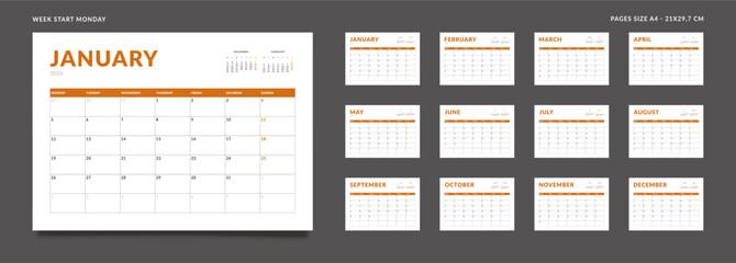 Set of 12 Pages Monthly Calendar Planner Templates on 2026 year. Vector mockup of a wall or desktop calendar organizer grid with the week starting on Monday ready print. Page for size A4 -21x29.7 cm