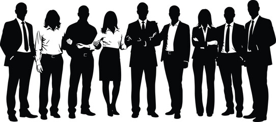 Large group of business people silhouettes standing together, corporate team concept, diverse professional workforce, human resources illustration, office staff vector
