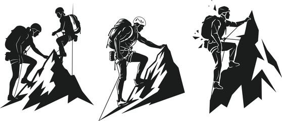 Mountaineering silhouette vector set, climbers ascending peaks, extreme adventure sport, hiking with backpacks and gear, isolated.