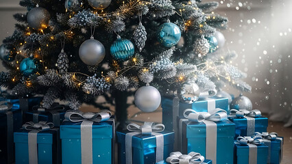 Festive Holiday Scene Christmas Tree Adorned with Ornaments and Gifts