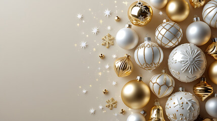 Elegant Gold and White Christmas Ornaments – Festive Holiday Bauble Flatlay