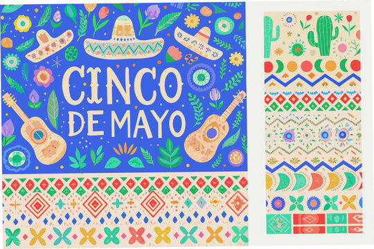 Colorful cinco de mayo celebration illustration with guitars sombreros and festive patterns