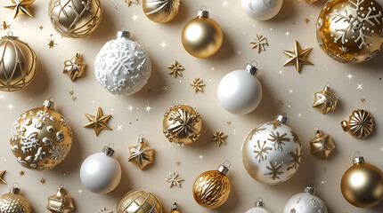 Elegant Gold and White Christmas Ornaments – Festive Holiday Bauble Flatlay