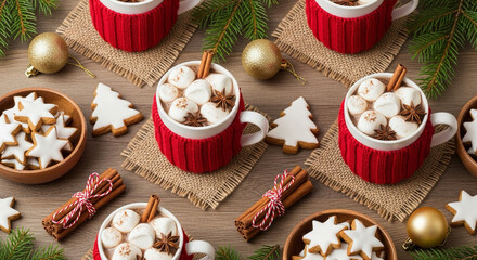 A festive, top-down pattern of hot cocoa mugs in red knitted cozies surrounded by gingerbread cookies, cinnamon, and Christmas ornaments on a wooden table.