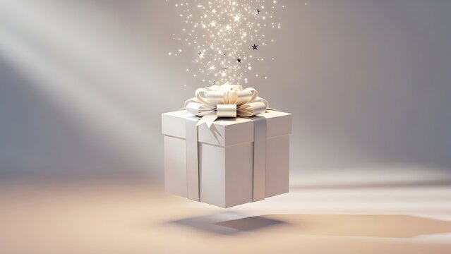 A pristine white gift box, elegantly tied with a matching ribbon, sparkles with ethereal light.