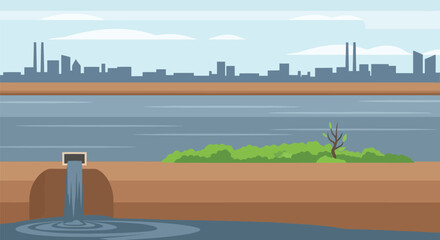 Industrial river pollution: factory waste discharge into water Vector, illustration