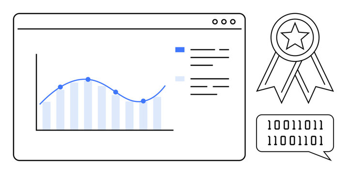 Analytics platform screenshot with graph, ranking ribbon, and binary code text bubble. Ideal for data visualization, performance tracking, analytics, reporting, rewards technology statistics. Clean