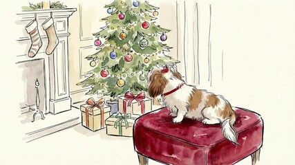 Cute Shi Tzu dog on a padded stool in the living room decorated for Christmas raises its head, stands up,  turns to look at the Christmas tree - Powered by Adobe
