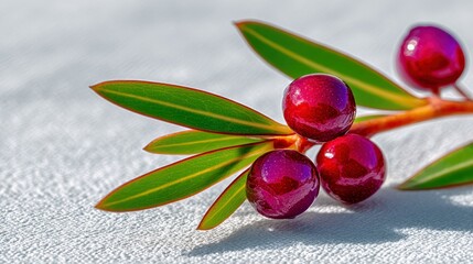A close-up shot of a plant stem with vibrant red berries and green leaves, resting on a textured white surface. The lighting is soft and diffused, creating gent