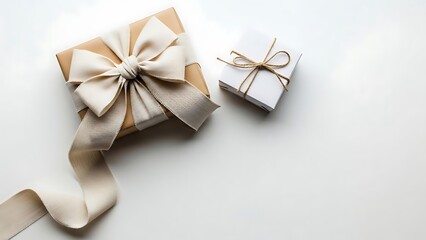 Elegant overhead shot of two beautifully wrapped gift boxes with ribbons on a clean white background, perfect for celebrations.