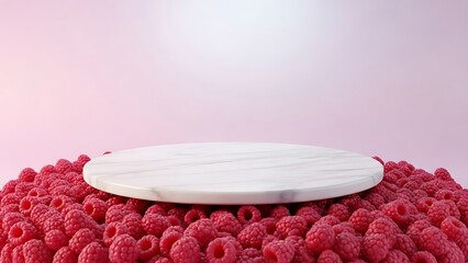 Raspberry platform: A marble disc atop a bed of fresh raspberries.