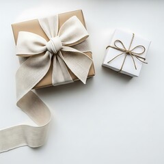 Two beautifully wrapped gift boxes, one with a large cream bow and one with twine, on a white background.