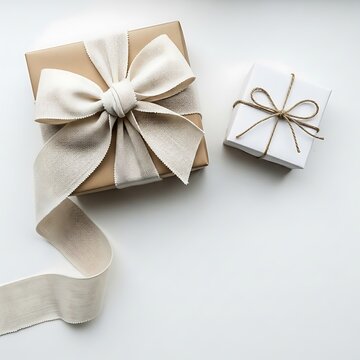 Two beautifully wrapped gift boxes, one with a large cream bow and one with twine, on a white background.