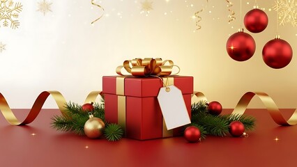 Festive red gift box with gold ribbon and ornaments on a red surface.