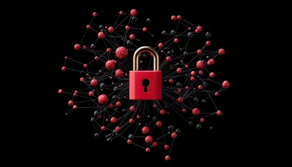 A red padlock is centrally positioned, securing a complex, interconnected network of red and black spheres against a stark black background. The lighting is dra