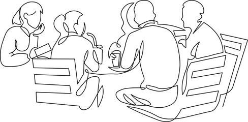 Dynamic single line art of group meeting at outdoor cafe, fostering collaboration and connection for business success in vibrant community settings
