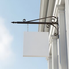 Blank square sign hanging from a building facade with columns.