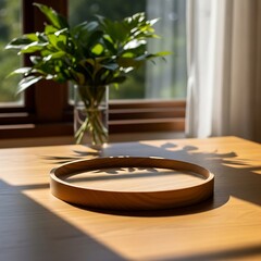 An empty round wooden tray sits on a sunlit table with the shadow of a plant, with a vase of green leaves in the background.