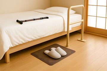 介護ベッドと手すりと杖が並ぶ高齢者向け転倒防止の寝室イメージ
