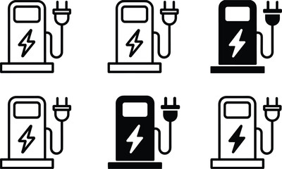 Six electric vehicle charging station icons in black and white outline and solid styles Keywords