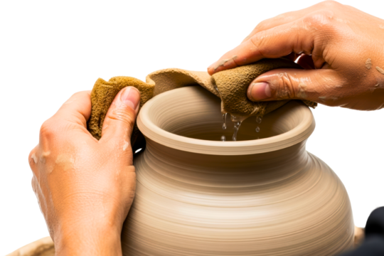 Hands of artisan creating ceramic pot on spinning pottery wheel isolated on transparent background