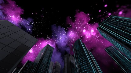 Low angle view of modern skyscrapers reaching towards a colorful nebula in the night sky. The buildings have reflective glass facades and geometric shapes, sugg