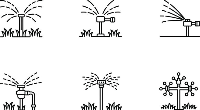 Six garden sprinkler icons in various designs for watering plants and lawns Keywords: sprinkler