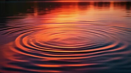 A dramatic long-lens shot focusing on ripples spreading across a reflective lake, distorting the fiery sunset colors above