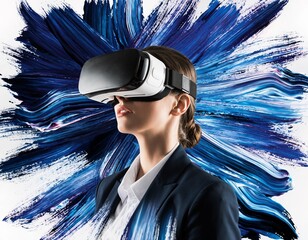 Businesswoman immersed in virtual reality wearing VR headset, vibrant conceptual lighting with expressive blue brushstrokes background.