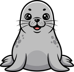Cute sitting cartoon seal with happy face in adorable marine animal illustration, perfect for children’s designs, educational materials, and creative digital artwork