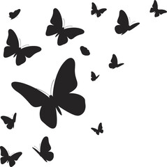 Flock of flying butterflies silhouette, vector illustration of black insects group, isolated on white background, nature design