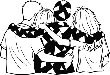 Group of four friends hugging, back view, vector line drawing, youth togetherness concept, unity, friendship, and support illustration.