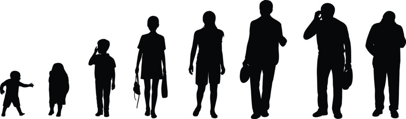 Human life cycle silhouettes showing aging process from baby to senior, growing up stages, generations concept vector illustration