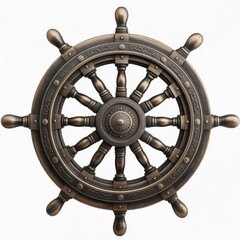 Detailed close up of a vintage ship's wheel with intricate designs on a white background