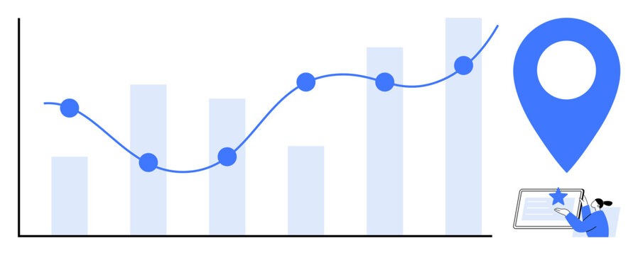 Bar chart with line graph trend, large blue location marker, and document with a star. Ideal for data analysis, location tracking, growth, business planning, reporting, market research