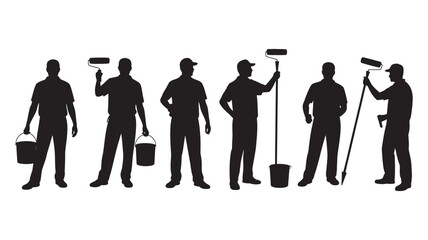 Professional painter silhouettes set with various tools, illustrating home renovation, wall decoration, and skilled workmanship for service promotion