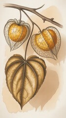 Botanical illustration featuring two physalis fruits and a large leaf hanging from a branch