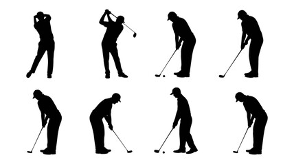 Obraz premium Dynamic golf swing sequence illustration, depicting a male golfer's full motion from backswing to follow-through, perfect for sports design.