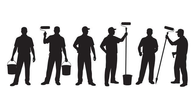 Professional painter silhouettes set with various tools, illustrating home renovation, wall decoration, and skilled workmanship for service promotion