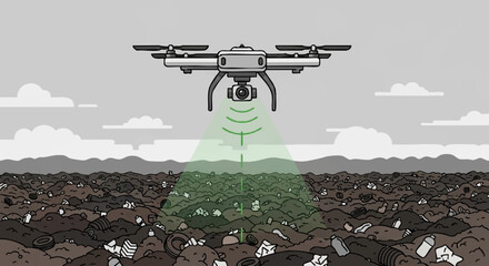 Drone flying over dump site, environmental drone scan with aerial waste survey and landfill monitoring scene, suitable for poster design, article header, and eco-themed product mockup.