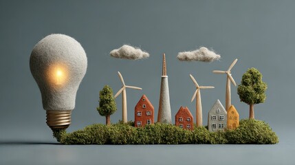 Eco-friendly energy concept with wind turbines, houses, and a light bulb representing sustainability