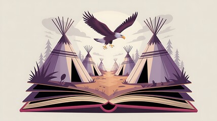 Open book with Native American village and eagle teepee