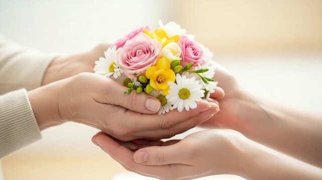 Two pairs of hands exchanging a small bouquet of fresh flowers