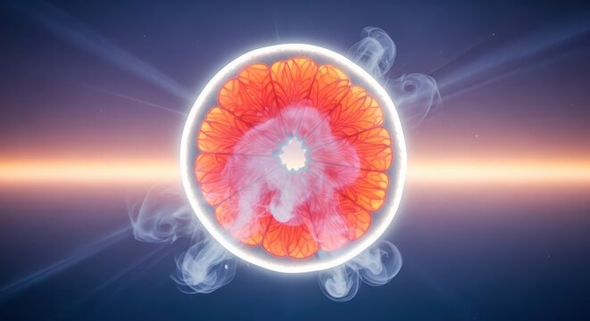 Abstract glowing biological cell structure radiates energy against a dark atmospheric background