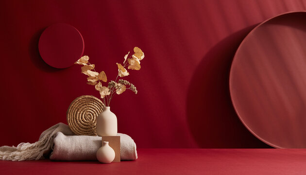 Minimalist red studio setup showcasing home decor and seasonal textures, ideal for modern lifestyle blogs and product presentations with elegance and style