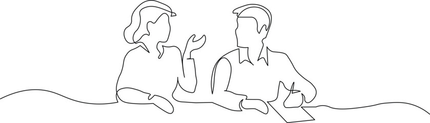 Fototapeta premium Dynamic single line drawing of business team brainstorming ideas, perfect for modern creative projects, conveying collaboration and minimalist design aesthetics, elegant and professional 