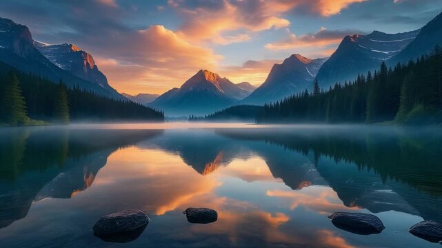 A dramatic wide-angle shot of a serene lake at sunrise, capturing perfect mirror-like reflections of towering mountains and glowing clouds above - Powered by Adobe