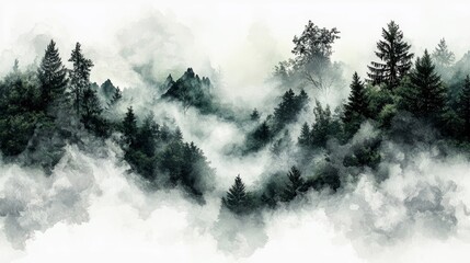 A panoramic view of a dense forest covered in thick fog and mist, with tall pine trees emerging from the haze. The scene has a serene and atmospheric mood.